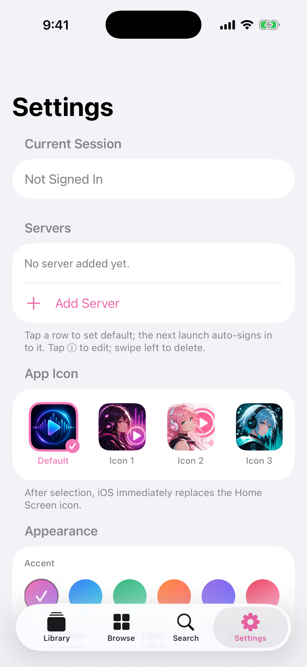 Settings screen